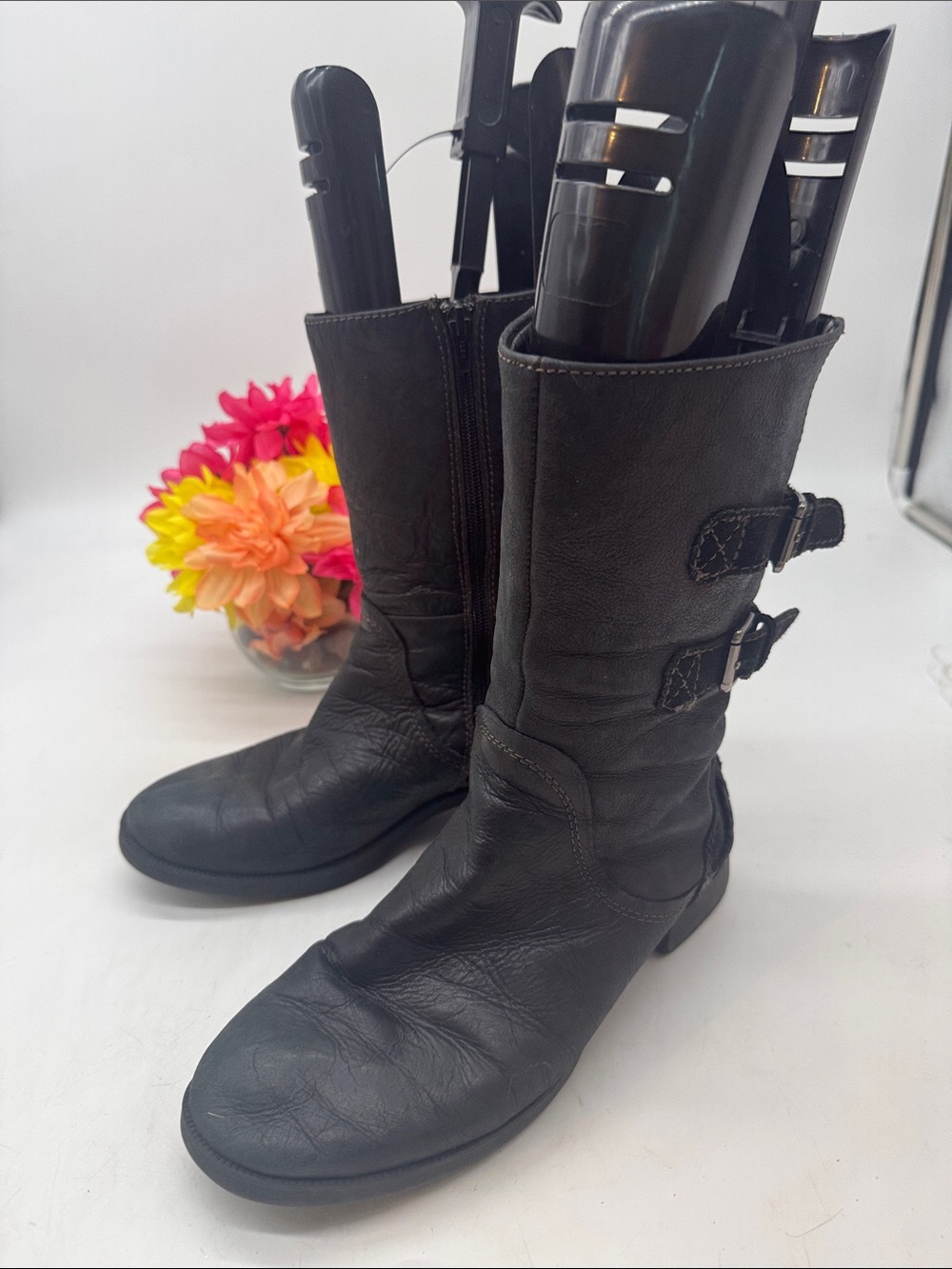Earth Hemlck Black Leather Mid-Calf Buckle Boots - Women Size 9.5